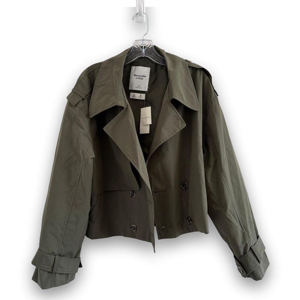 Abercrombie & Fitch Cropped Trench Coat Olive Green XL Water Resistant NWT